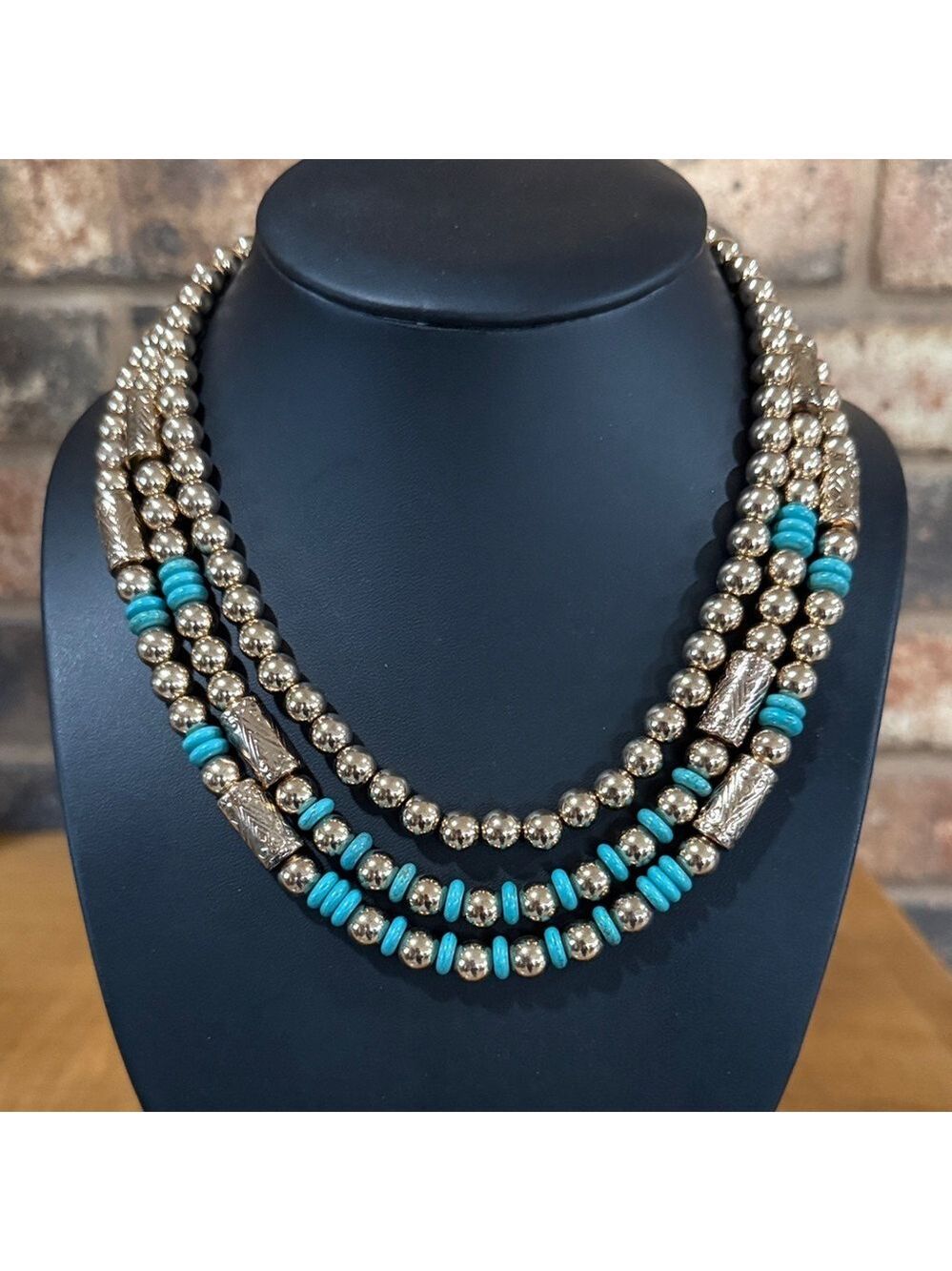Anna & Ava NWT triple strand gold tone and faux turquoise beaded necklace